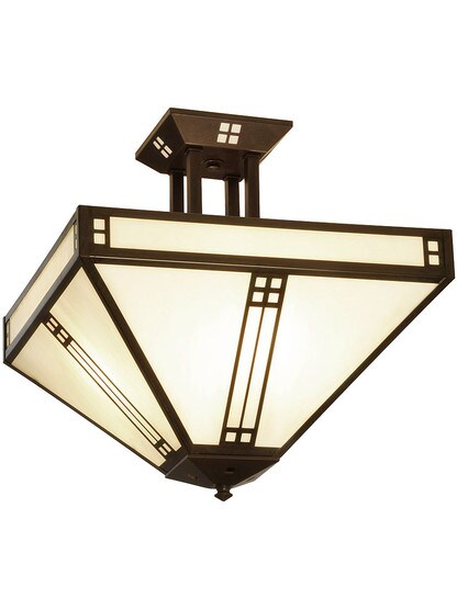Prairie Semi-Flush Ceiling Light in Bronze Finish with White Opalescent Glass.